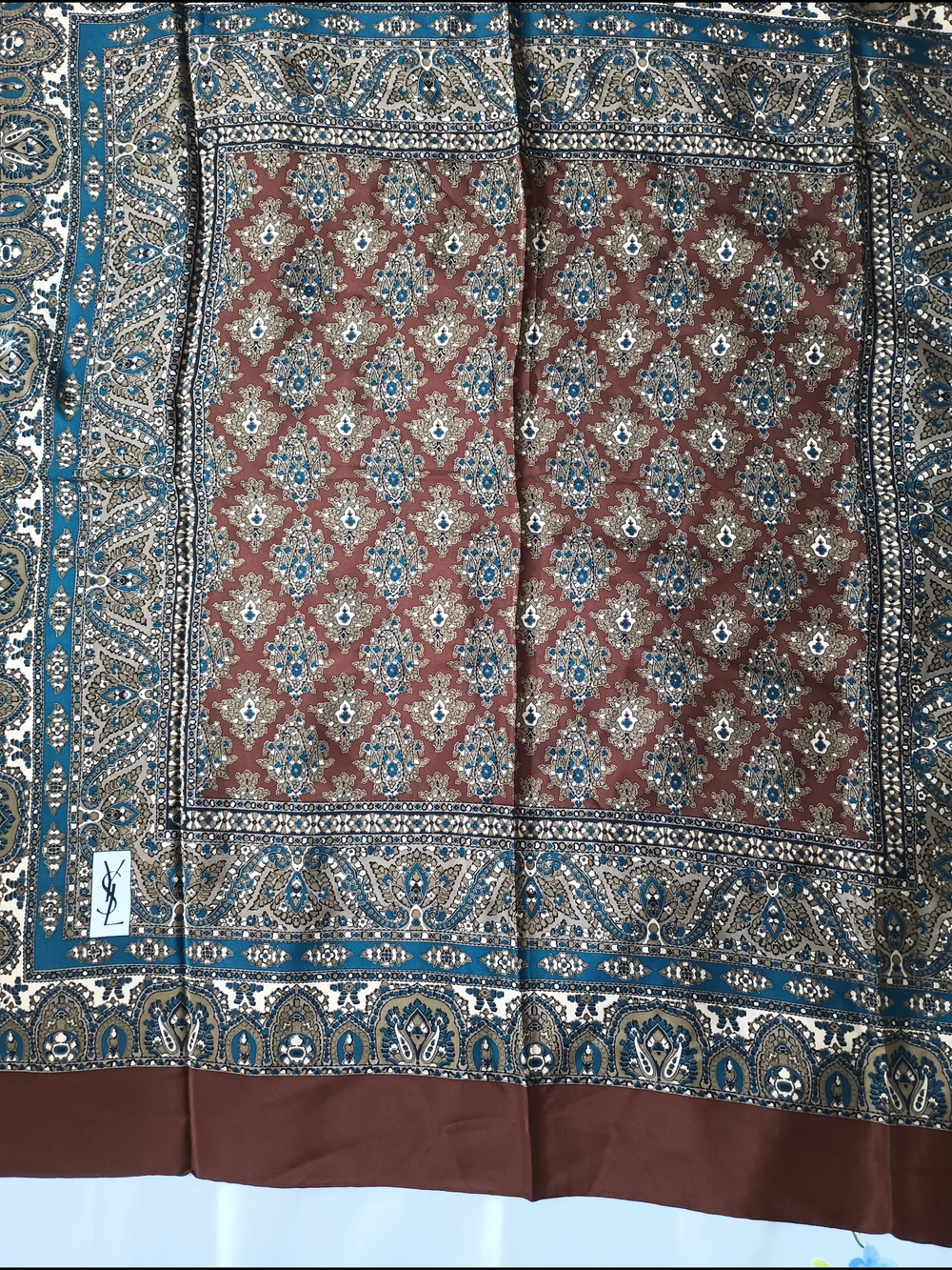 Yves Saint Laurent Brown & Blue Square 100% Silk Scarf - Picture 5 of 7